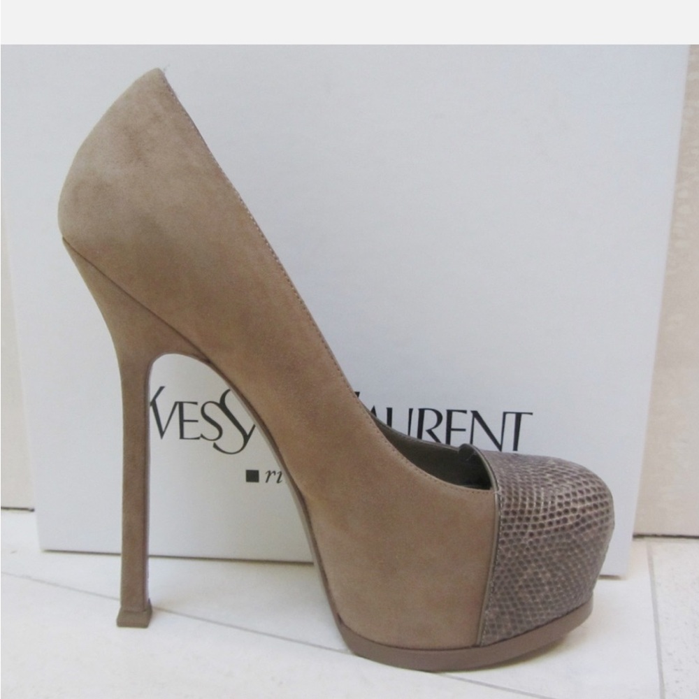 Yves Saint Laurent Taupe Suede Platform Pump with Textured Toe Cap